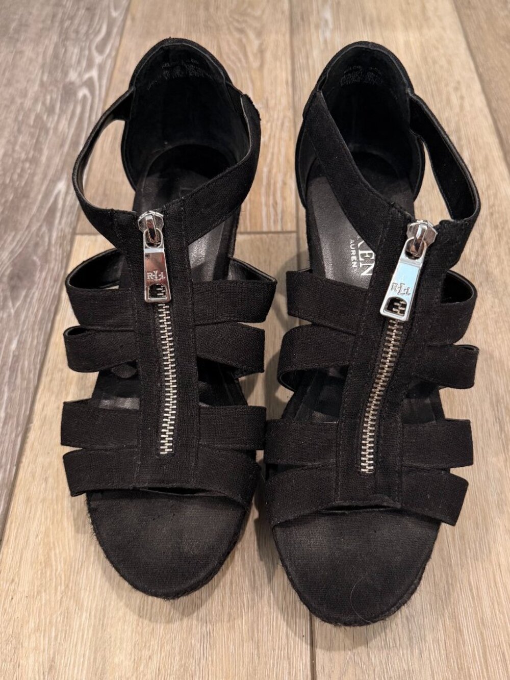 Lauren "Kelcie" Black Espadrille Wedge Zip Sandal Size 7